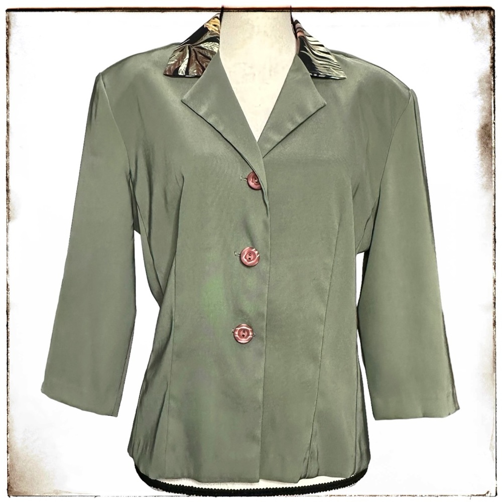 Be Smart Blazer 13/14 Forest Green Print Collar Jacket Vintage